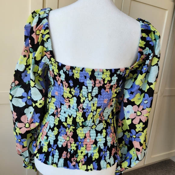 Free People Ariana Floral Colorful Printed Crop Top Blouse Long Sleeves Medium - Picture 3 of 15